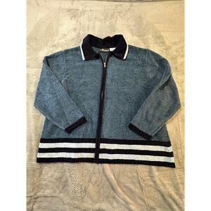 Sag Harbor Woman 3X Blue Zip Sweater Jacket Striped Hem & Collar Plus Size ,